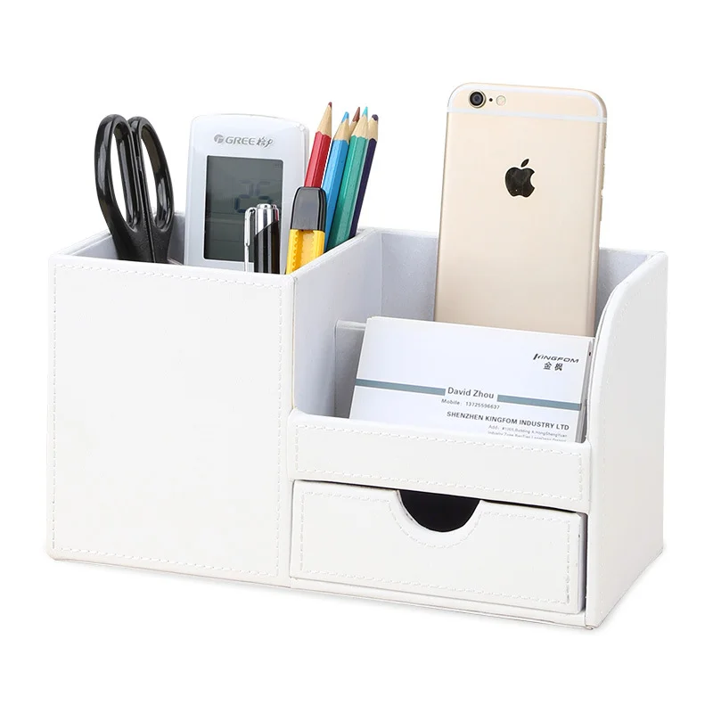 Imagem -04 - Couro Multi-function Desk Papelaria Organizador Home Office Estrutura de Madeira Caixa de Armazenamento Caneta Lápis Celular Negócios