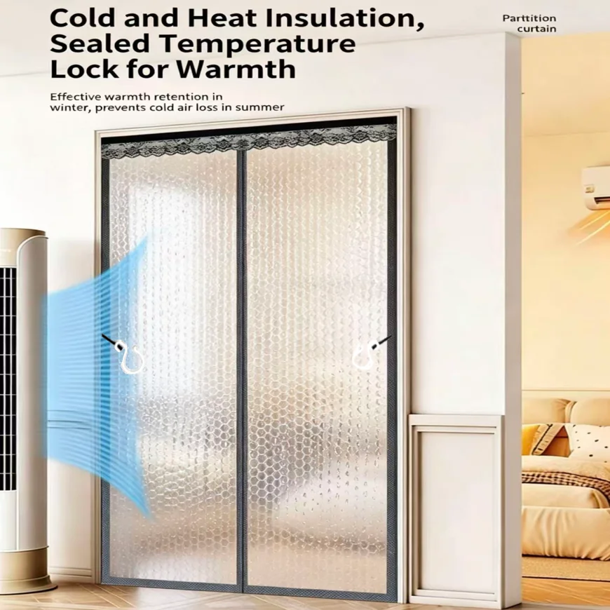 EVA Black Water Cube Pattern Magnetic Door Curtain, Windproof Oil-Resistant Airtight Odor-Proof No-Drill Room Divider for Home