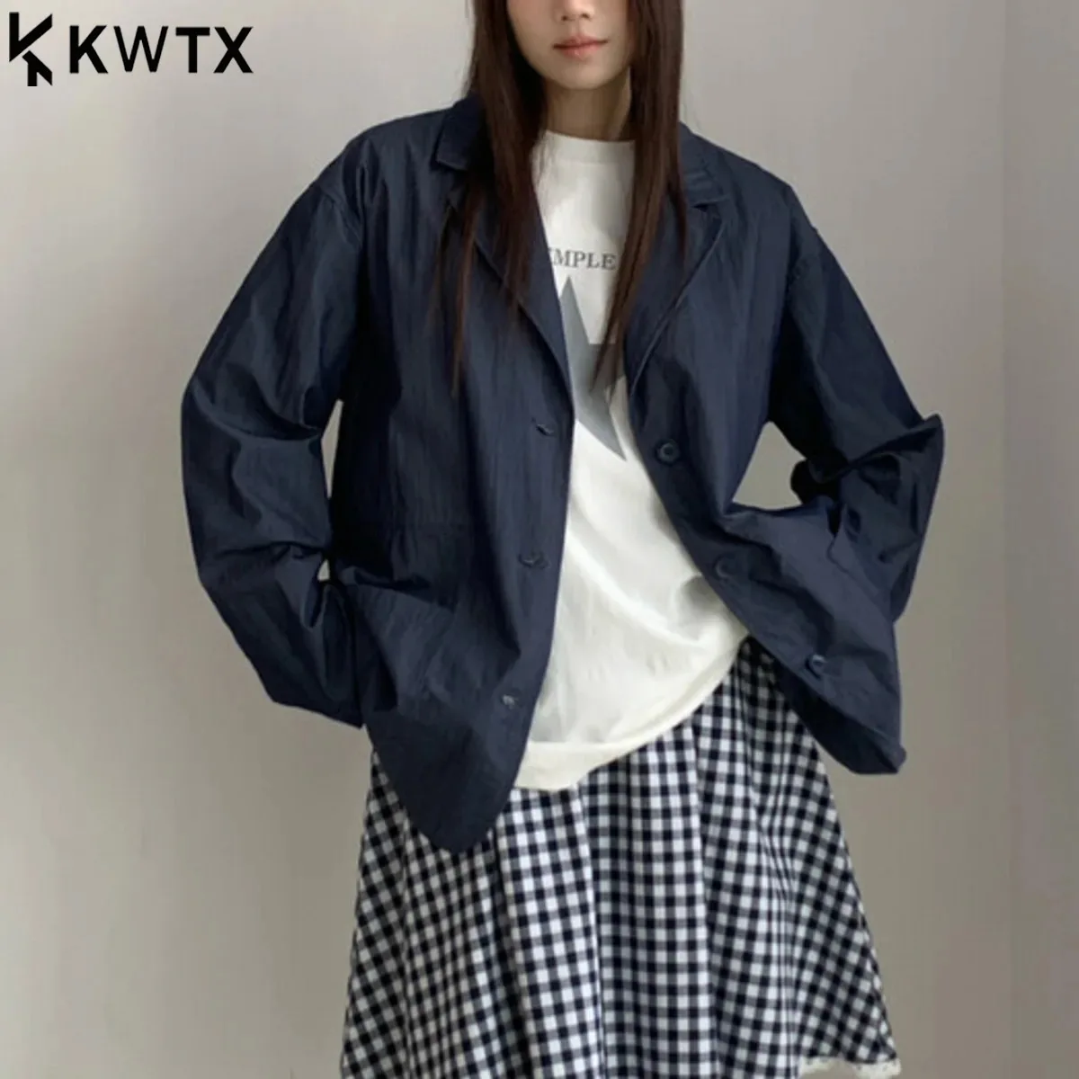 

KWTX 2025 Autumn Casual Elegant Denim-Like Jacket Women's Loose Fit Drawstring Waist Coat For Early Fall Outfits, Streetwear