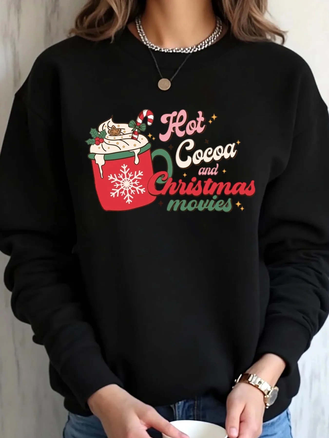 

Женская толстовка большого размера с рождественским горячим какао и рождественским фильмом, верхняя одежда с принтом