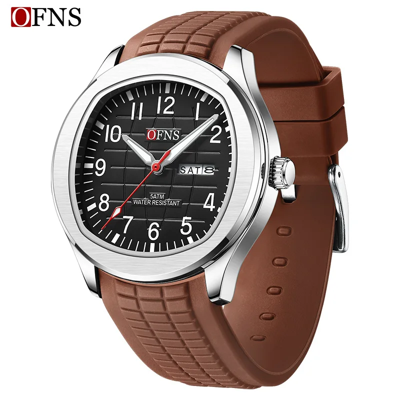 OFNS8018 Men's Business Quartz Watch Double Calendar Quartz Movement 50m Waterproof Night Light Pointer Mineral Tempered Glass