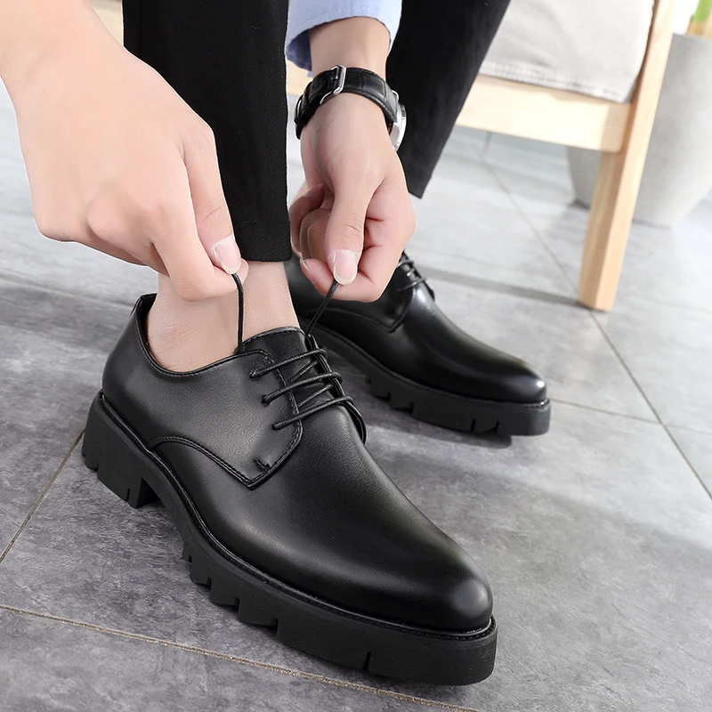 

Men Fashion Derby Shoes PU Black Thick soled Durable Leather Men Lace up Business High Quality Formal Shoes Size 38-44