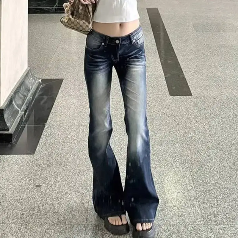 Women Fashion Washed Denim Flares Pants Korean Style Low Waist Slimming Wide Leg Jeans Female Streetwear Sexy Slim Y K Trousers