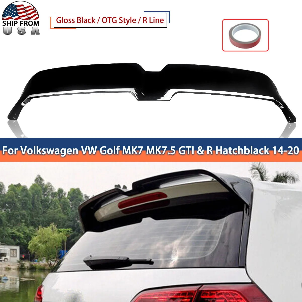 Magickit für VW Golf 7 MK7.5 R Line 2015~2020 Glänzend Schwarzer Kofferraumspoiler Oettinger-Stil Hinterer Oberer Dachkofferraumspoiler Flügel ABS