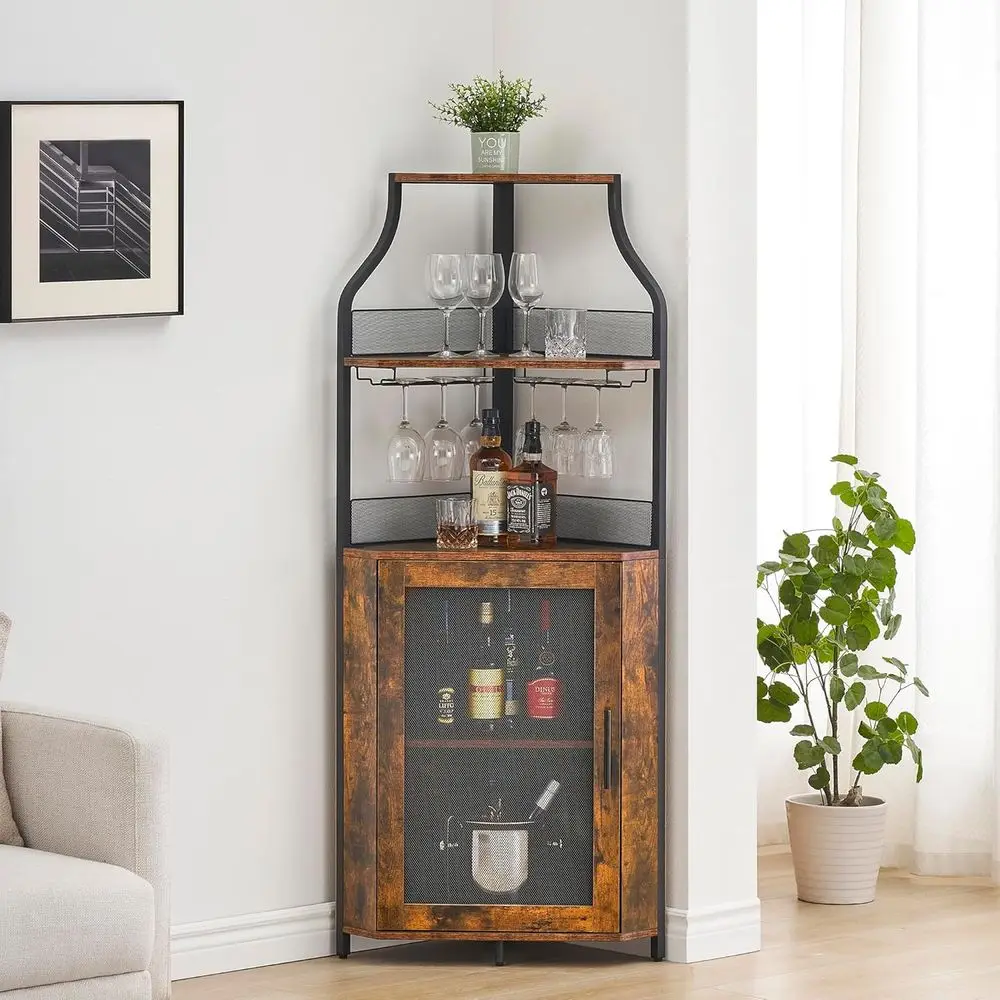 5-Tier Rustic Brown Farmhouse Wine Cabinet with Glass Rack and Barn Door for Home Bar Storage
