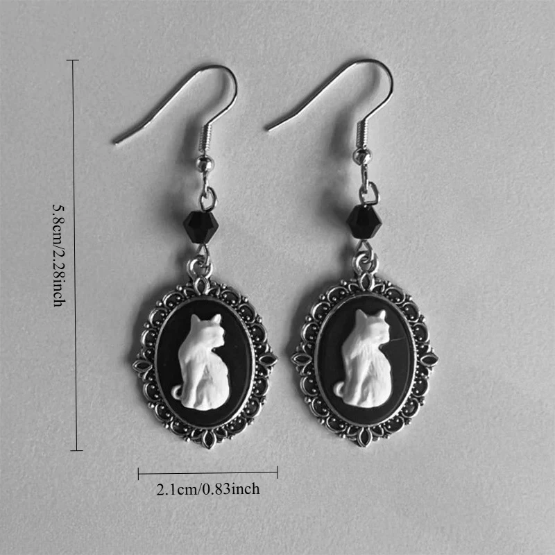 1Pair Vintage Gothic White Cat Pattern Drop Earrings Women Vintage Silver Color Frame Creative Hook Earrings Party Jewelry