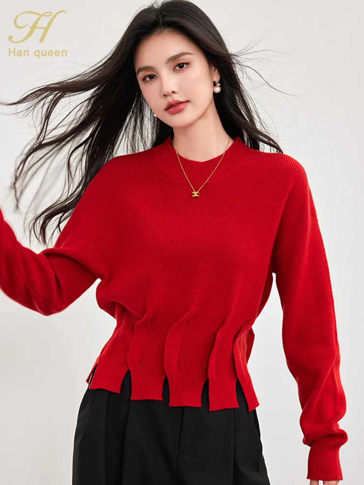 

H Han Queen Autumn Winner Christmas Pullovers Sweaters Simple Elegant Long Sleeve Womens Korean Loose Casual Vintage Tops