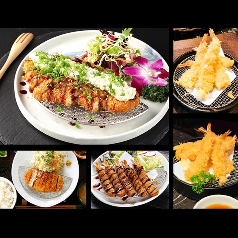 شواية يابانية من الفولاذ المقاوم للصدأ مستطيلة شبه دائرية فرايد تيمبورا رف شبكي مقلي شرائح لحم الخنزير رف تبريد للخبز #2