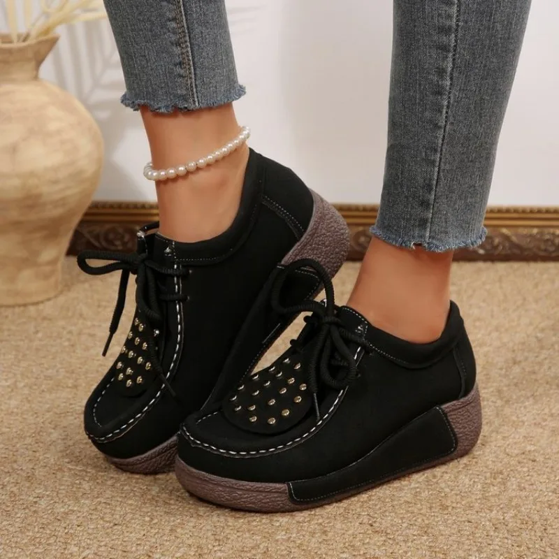 

Spring/Autumn 2026 New Lace-up Wedge Heel Fashionable Single Shoe Women's Retro Thick-soled Sponge Cake Loafers,Large Size 36-43