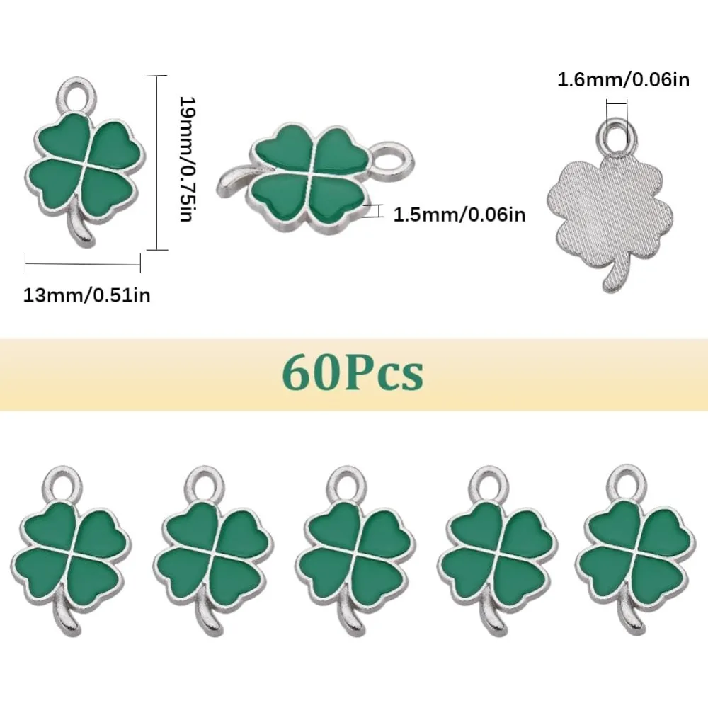 60Pcs St Patrick Day Charms Enamel Four Leaf Clover Charms Green Shamrock Charm Irish Good Luck Plant Silver Tone making kit