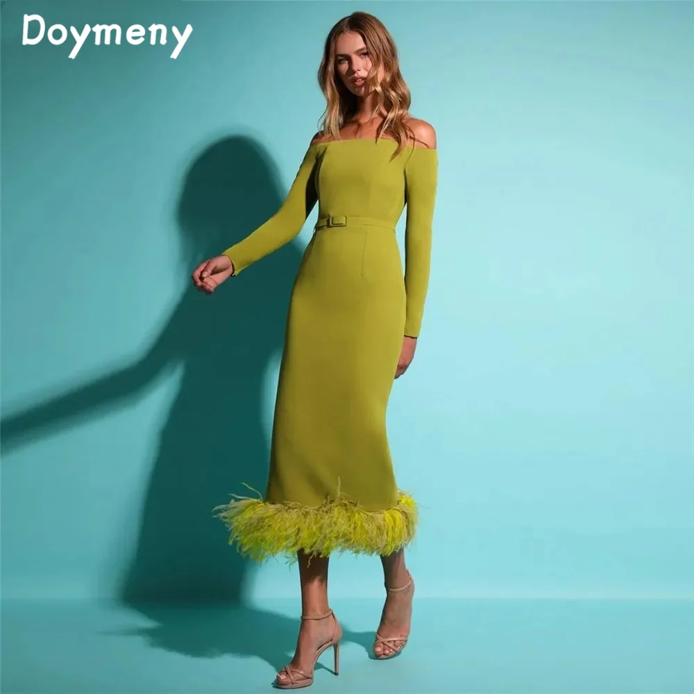 Doymeny Tea Length Mermaid Off Shoulder Prom Dress Long Sleeves Satin Feather Party Dresses Cocktail Gowns vestidos de noche