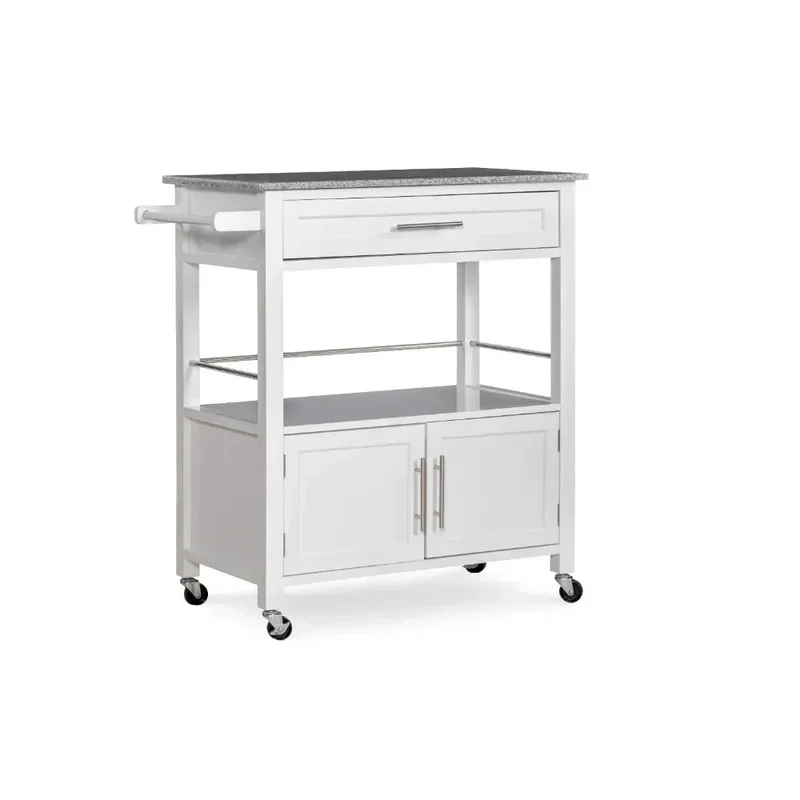 

White Mobile Kitchen Cart with Gray and White Granite Top