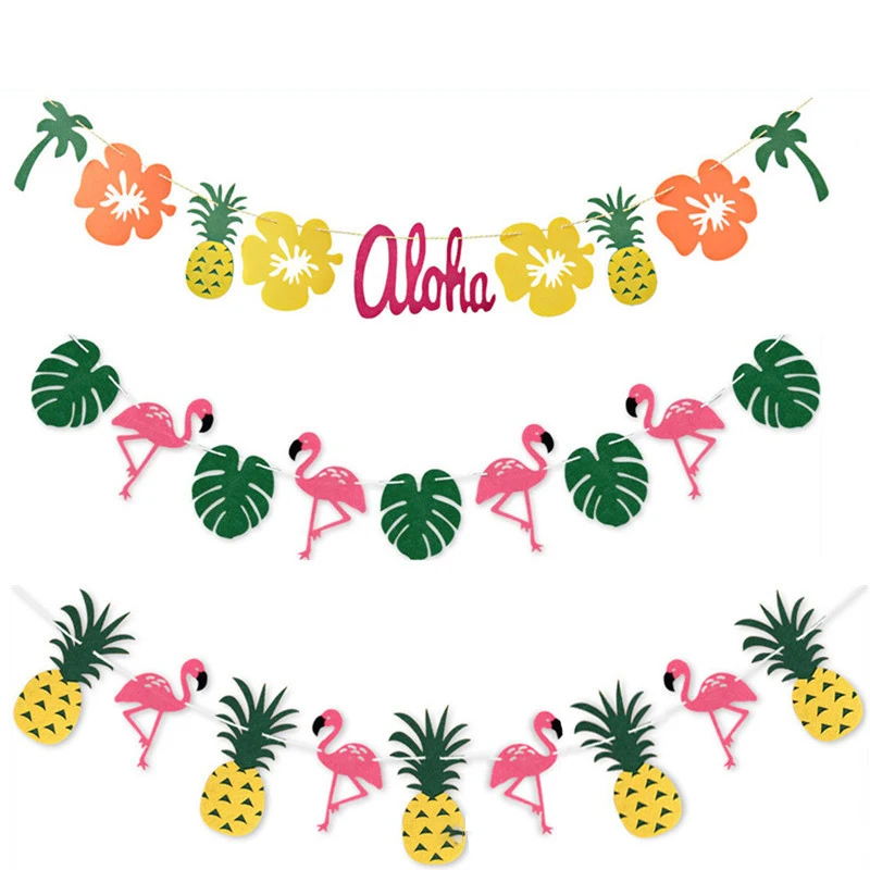 

1set 2.5m Cartoon Flag Hawaiian Flamingo Decoration Thickened Felt Flower Colored Flag Pineapple Theme Birthday Party Decoration