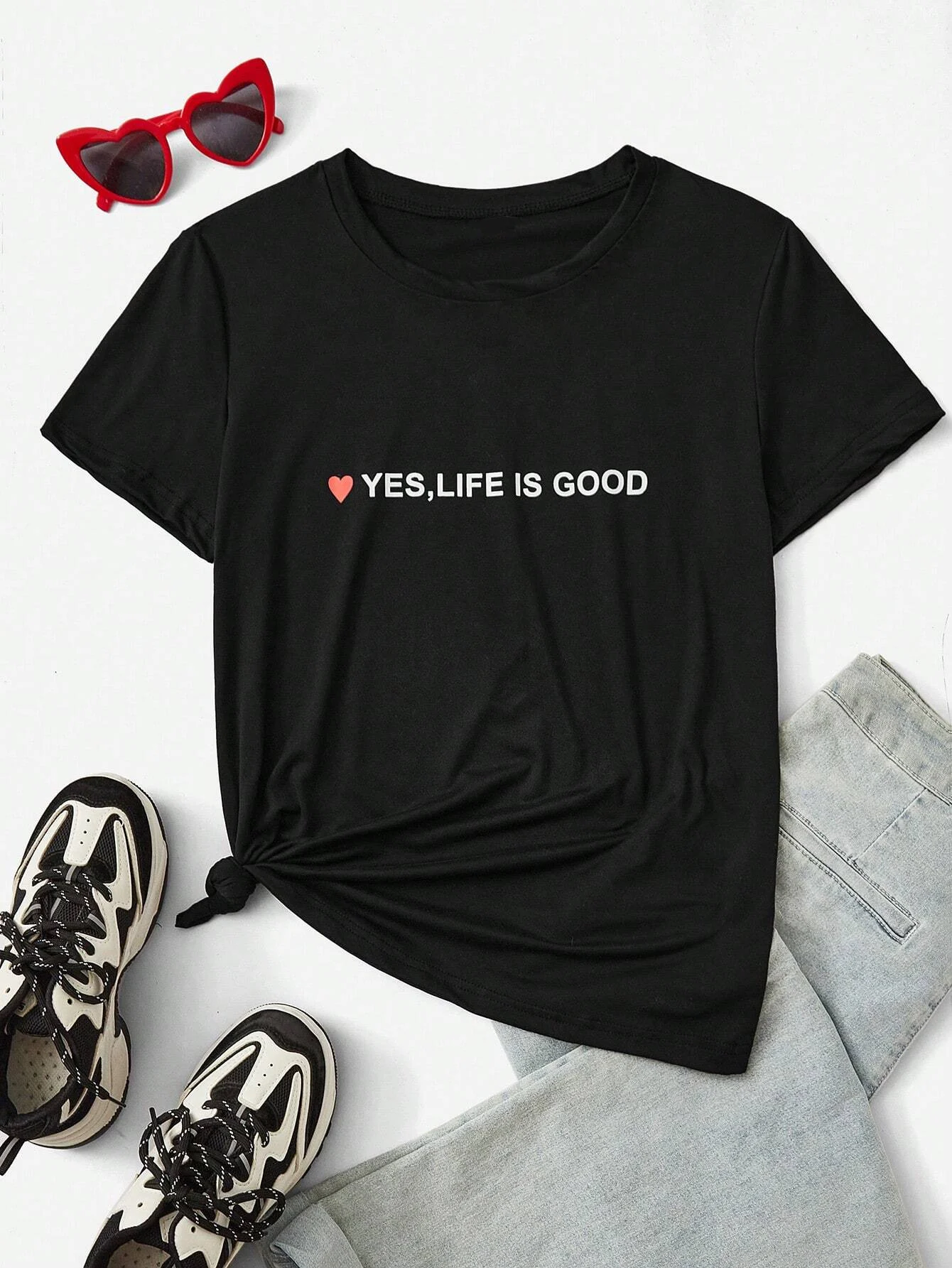 Spring Summer Women's Casual Yes, LIFE IS GOOD letter printed T-shirt