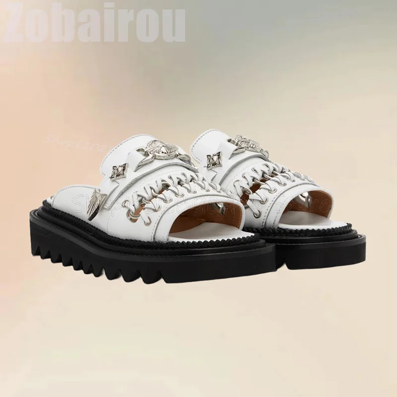 Metal Decor Black Knitted Design Open Toe Slippers Fashion Slip On Men Shoes Luxurious Handmade Party Banquet Men Casual Shoes
