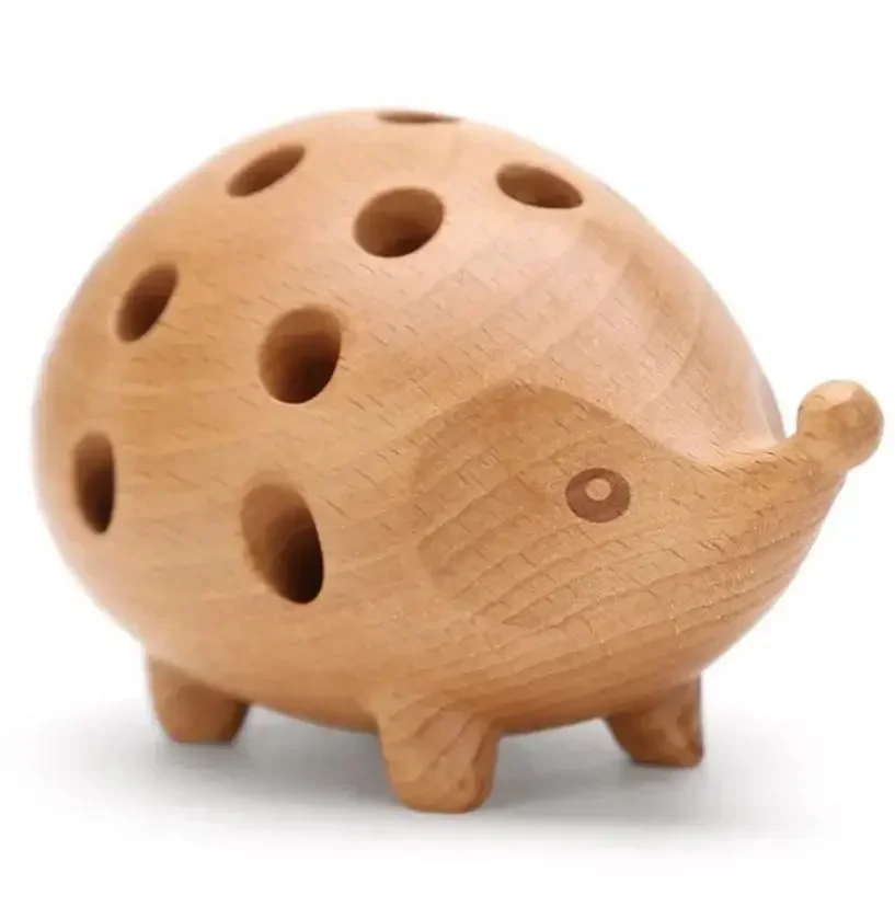 Solid Wood Carving Hedgehog Penholder 24 Holes Creative Pencil Holder Home Decoration Art Desk Figurines and Children\'s  Gift