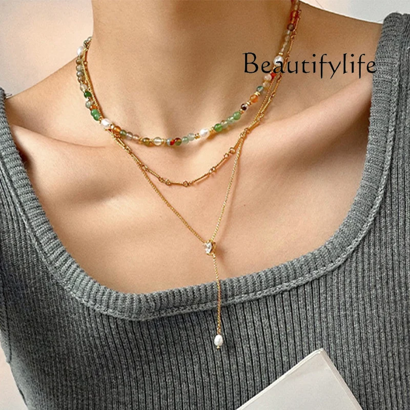 Natural stone beaded pearl necklace niche simple personality commuting temperament advanced sense collarbone chain