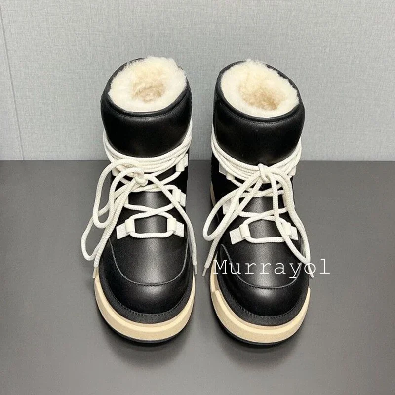 Round Toe Wool Llining Warmth Short Botas Women Genuine Leather Lace-up Snow Boots Winter Outwear Non-slip Mid-Calf Boots