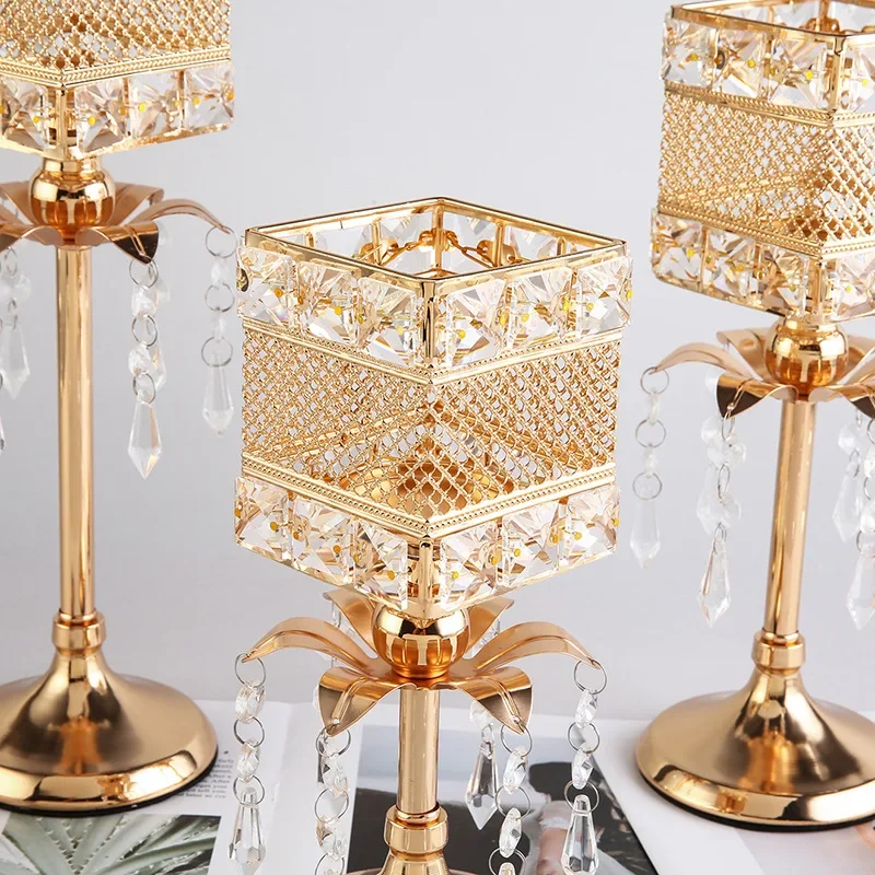 European Gold Crystal Candle Holder Fringe Metal Glass Square Candlesticks Wedding Table Centerpieces Christmas Home Decoration