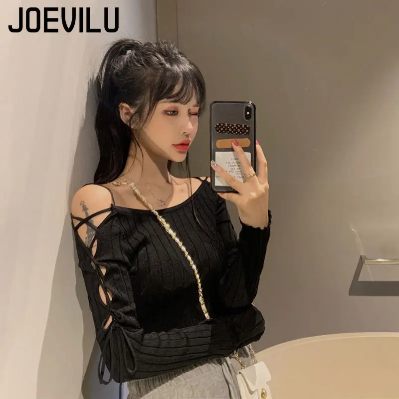 Bandage Long Sleeve Knitted Shirt Women\'s Off Shoulder Sexy Tops Slim Chic T-shirt Spring and Autumn Pullover Solid Y2k Sweater