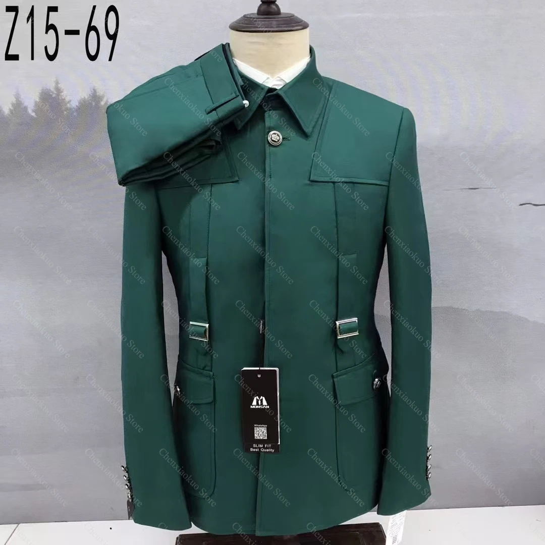 Chic Men Suits Set High-end Stand Collar One Button Outfits Tailored Business Casual Formal Wedding Tuxedo (Jacket+Pants)