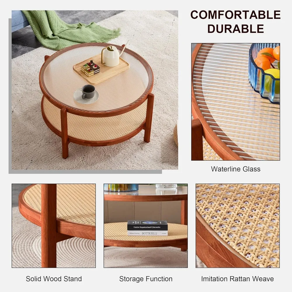 Modern Imitation Rattan Round Coffee Table Round 2-Tier Solid Wood Glass Table Top Sofa Side Tea Table for Living Room Bedroom