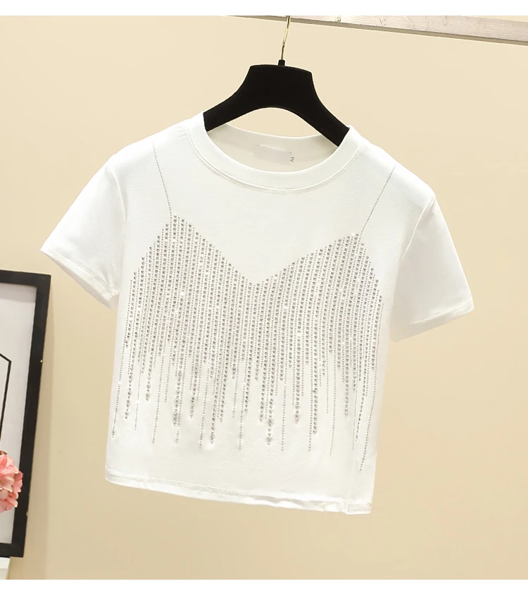 Sommer Frauen Strass T-shirt Einfarbig Rundhals Kurzarm Top Koreanische Casual Mode Weibliche Shiny Tees