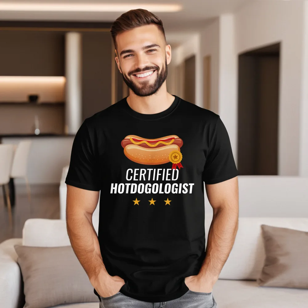 Retro Certified Hotdogologist Funny HOT DOG Normal T Shirt Round Collar All Cotton Male Tees Short Sleeve T-shirts Graphic