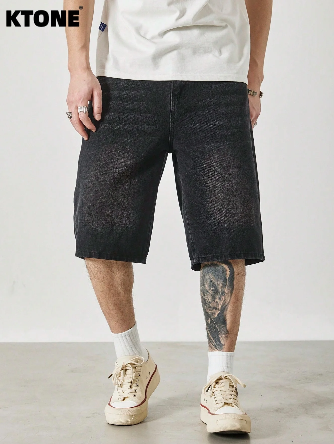 

Classic casual black non stretch denim jorts men loose solid color all match street style shorts