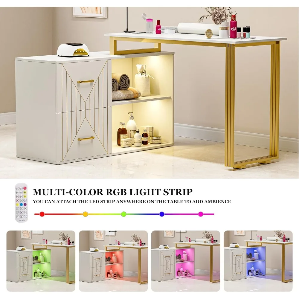 طاولة مانيكير على شكل حرف L مع 16 مصباح LED ملونًا، محطة مكتب أظافر لتاش الأظافر، محطة عمل صالون التجميل مع درجين، 2 غلاف #3