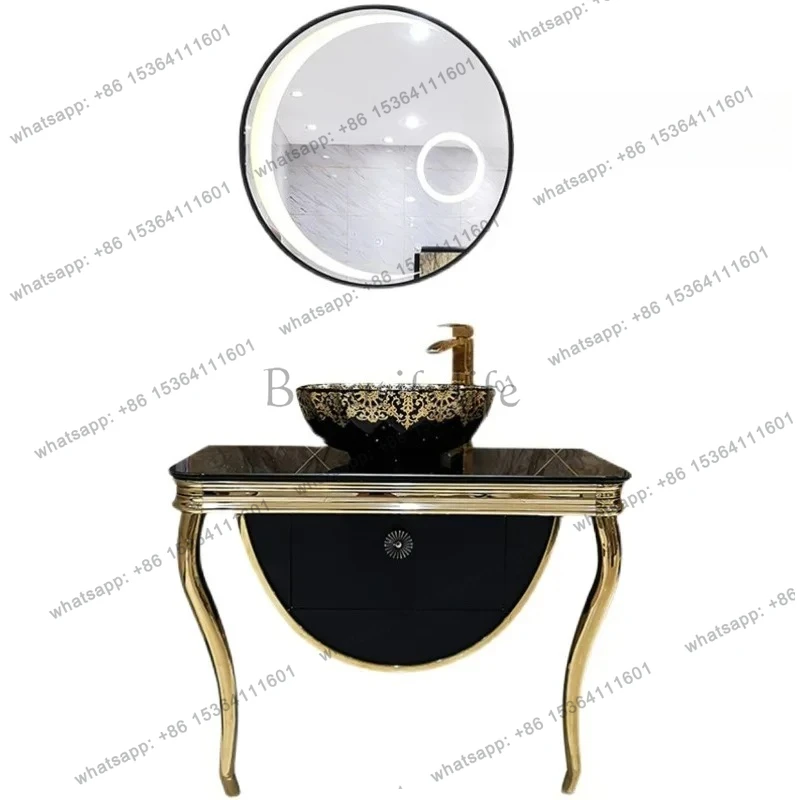 

Mobile da bagno in acciaio inossidabile combinato leggero hotel di lusso lavabo da pavimento lavabo da tavolo artistico