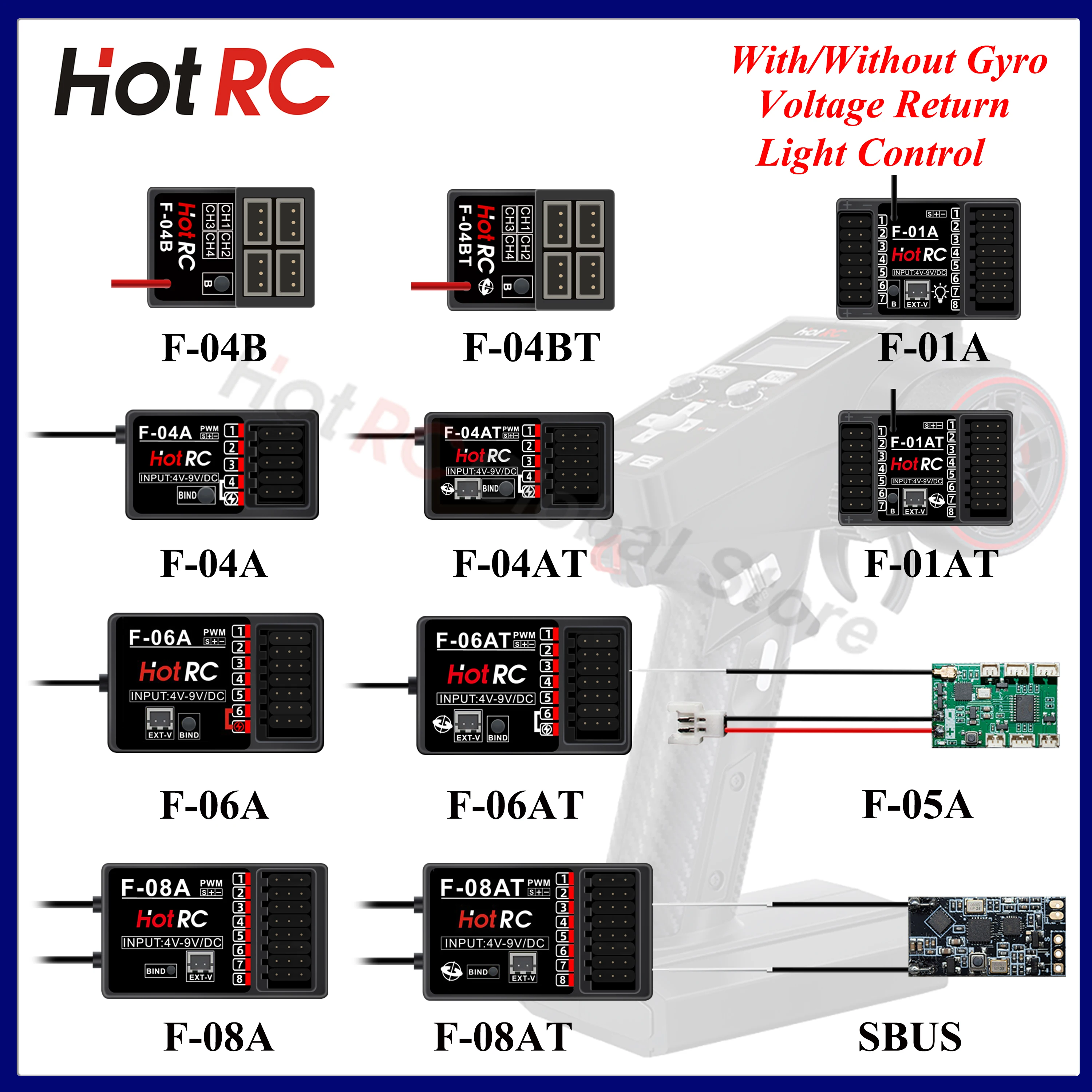 HOTRC 2.4Ghz 4/6/8 Channel Receivers F-04A F-06AT F-08A F-01A with/without Gyro Light Control for Transmitter Remote Control