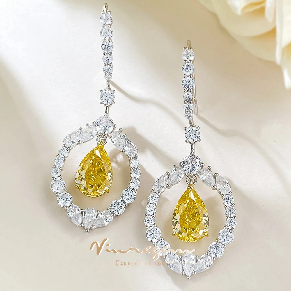 

Vinregem 8*12 MM Pear Cut Citrine High Carbon Diamond Gemstone Water Drop Earrings 925 Sterling Silver Wedding Party Jewelry