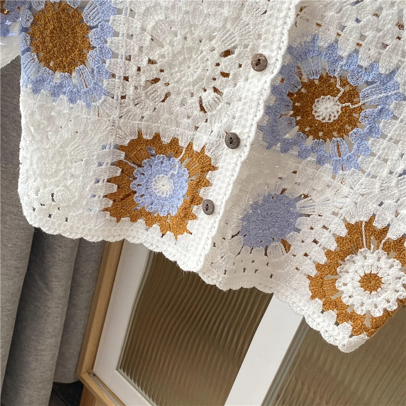 グラニー スクエア カラー付きボタンアップ クロシェ トップ 半袖 シアー オープンニット クロップ カーディガン 女性用 夏 ボヘミアン バケーション ウェア