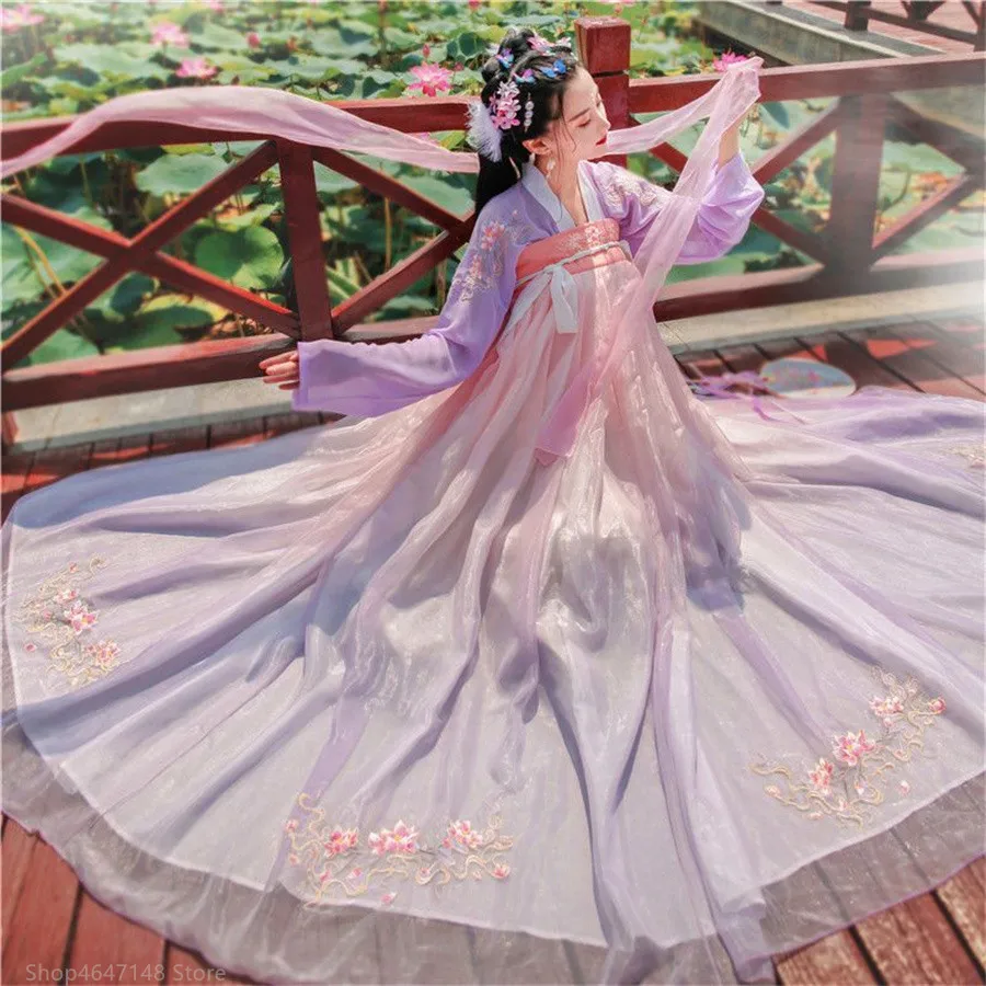 Vestido de fada hanfu vintage estilo chinês para mulheres, trajes florais elegantes de princesa bordada, cosplay de palco, doce