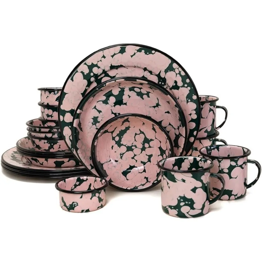 Dish 20-Piece Tableware Set of Plates Dinner Sets Green & Pink Splattered Plate Bowls Ceramic Dishes to Eat Ramekins Mugs Food