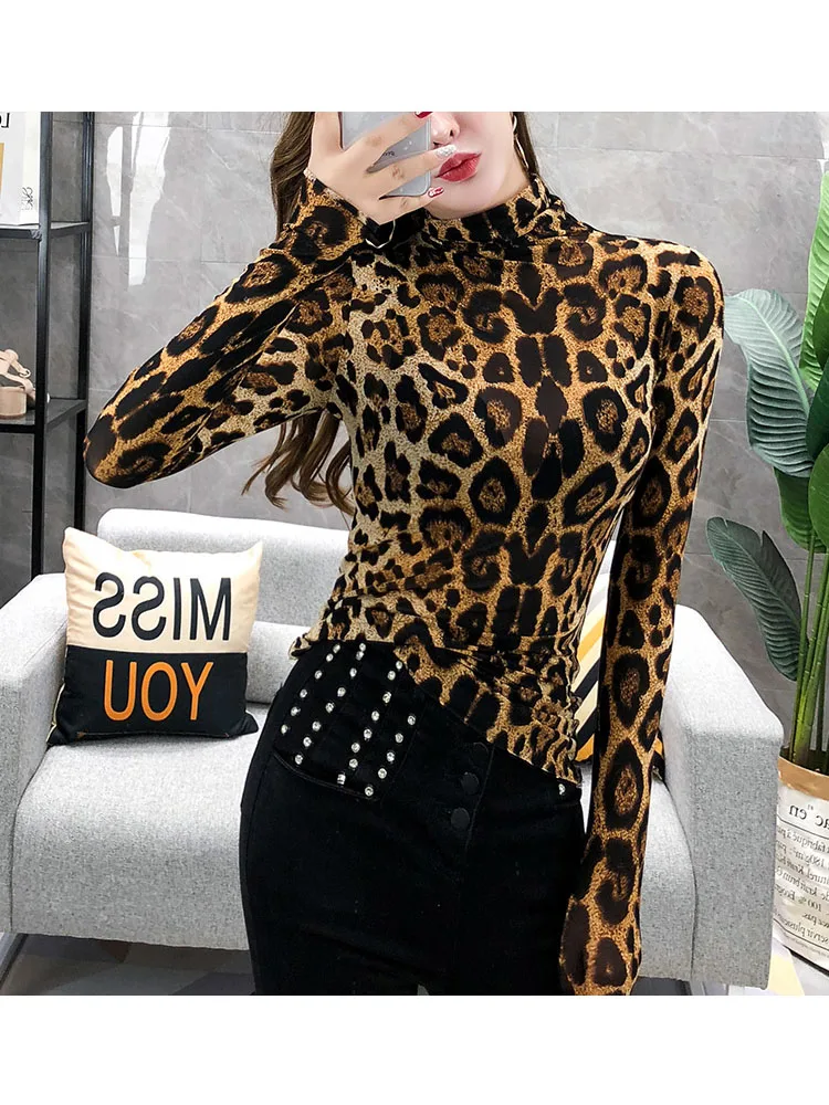 Blusa de manga larga con estampado de leopardo para mujer, camisa Elegante de cuello alto para fiesta, moda urbana, 7704 50