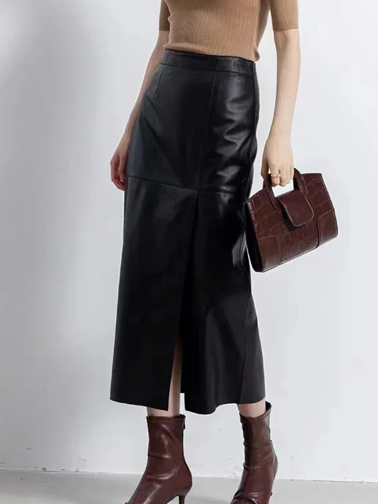 2025 Spring New Genuine Leather Skirt For Women Stylish Streetwear High Waist Slit 85cm Long Jupe Khaki/Black Wrap Saia Longa