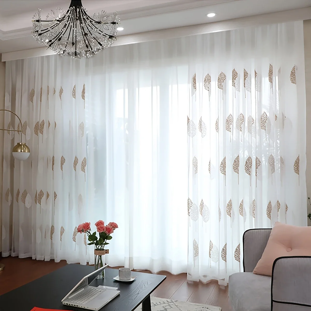 European Embroidered White Tulle Coffee Leaf Sheer Curtains for Living Dining Room Bedroom 창문커텐  Decor Window Luxury Blackout