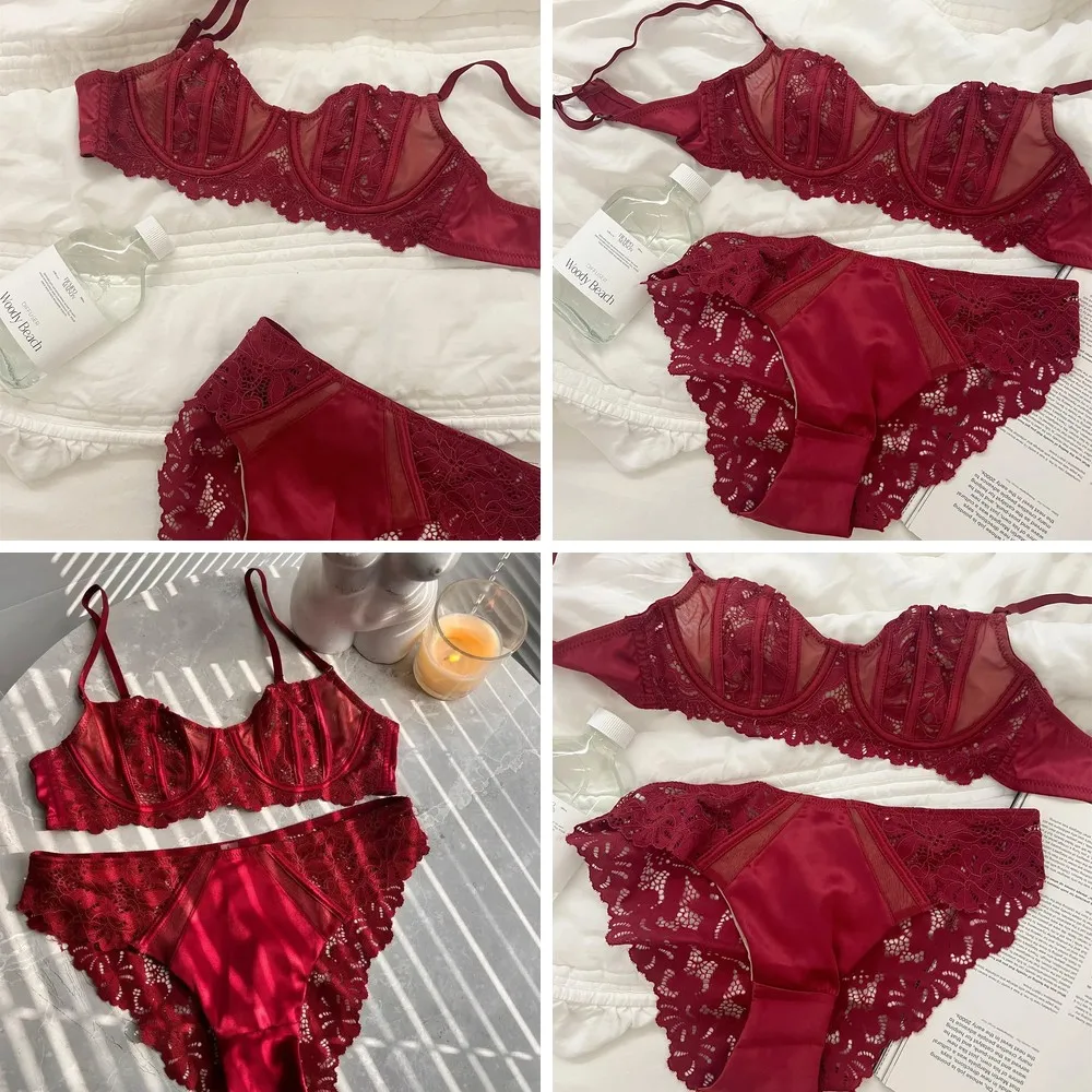 

Sexy Red Lace Lingerie Set with Steel Ring, Hollow Out Push Up Bras for Women