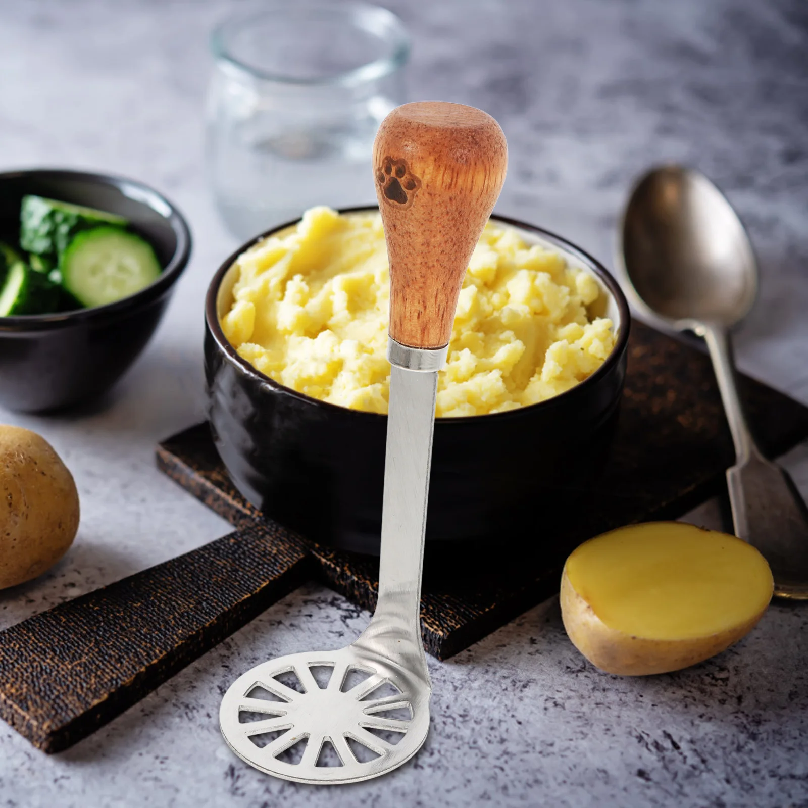 

1pcs Potato Masher Stainless Acacia Wood Handle Versatile Kitchen Tool Mashed Potatoes Avocado Banana Food Smasher Easy Clean