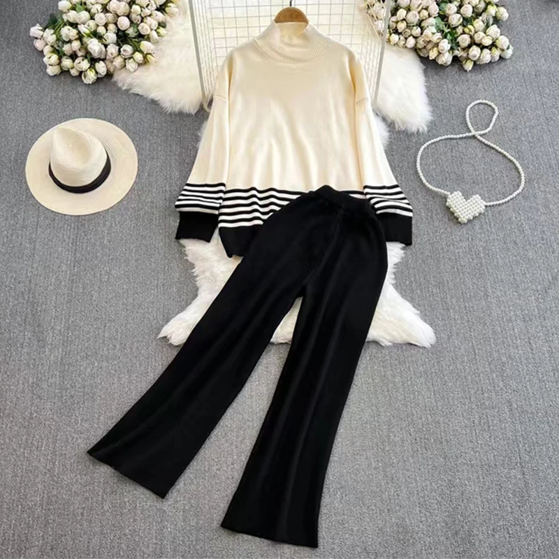 Casual Knitted Loose Long Sleeved Contrasting Top High Waist Slimming Wide Leg Long Pants Women Suit  Autumn Winter New In Sets