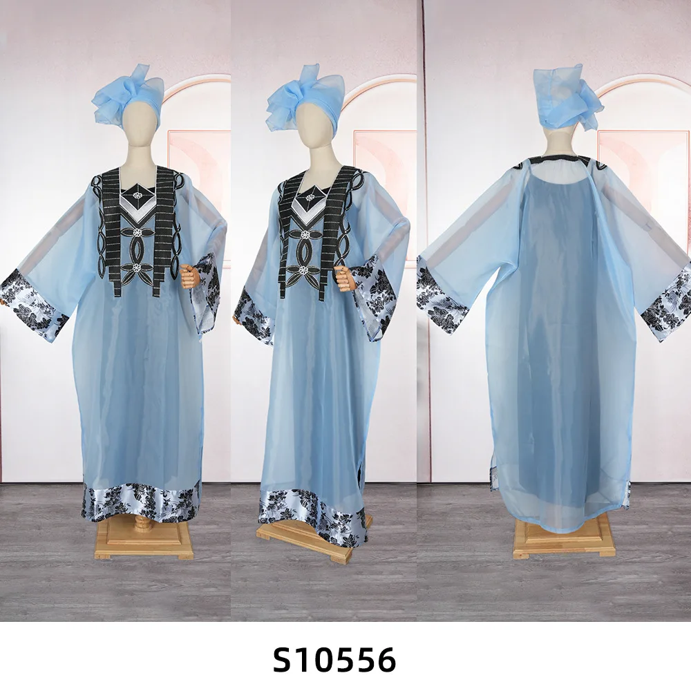 

African women's new large-size simulated silk dress loose embroidery printed robe
