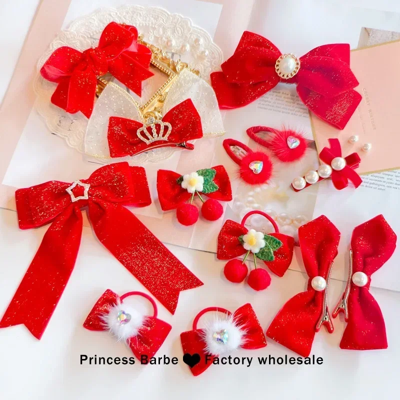 Korean New Kids Red Bow Hair Pin Star Pompoms Tassel Barrettes Girls Princess Hair Clips Headwear Girls Kids Hair Accessories