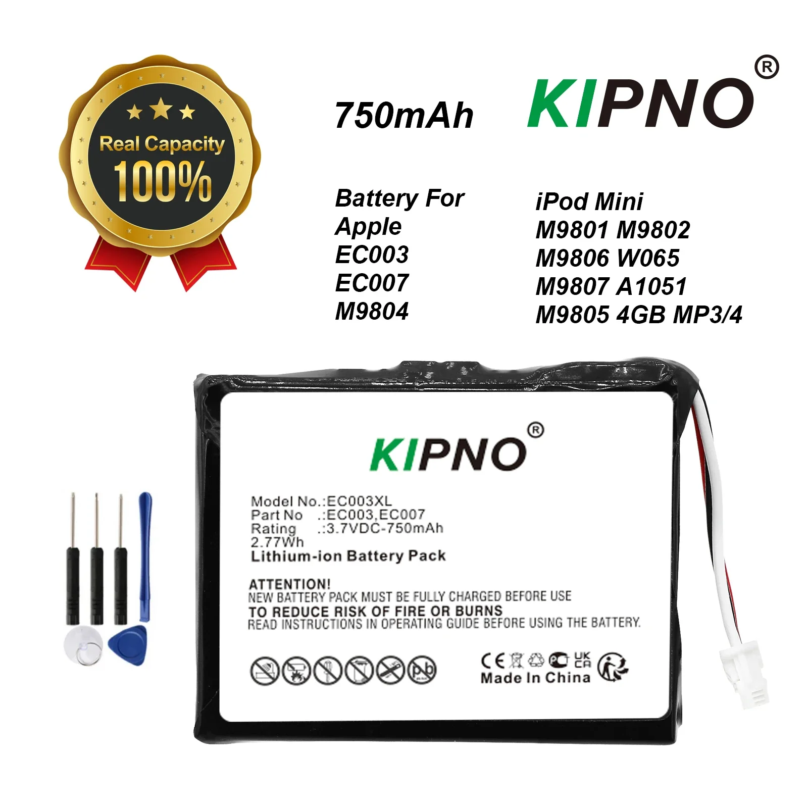 KIPNO EC003 EC007 750mAhBattery For iPod Mini M9804 M9801 M9802 M9806 W065 M9807 A1051 M9805 4GB MP3/4 1st 2nd Gen + Free Tools