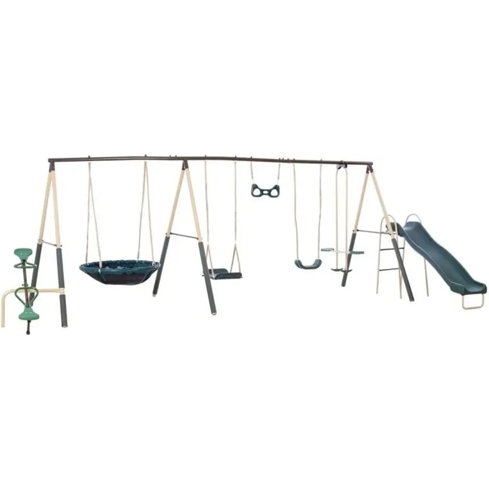 

Deerfield Outdoor Playground Swing Set with Slide, See Saw, Trapeze Swing, Fun-Glidr, Swing Seat, and Stand N Swing