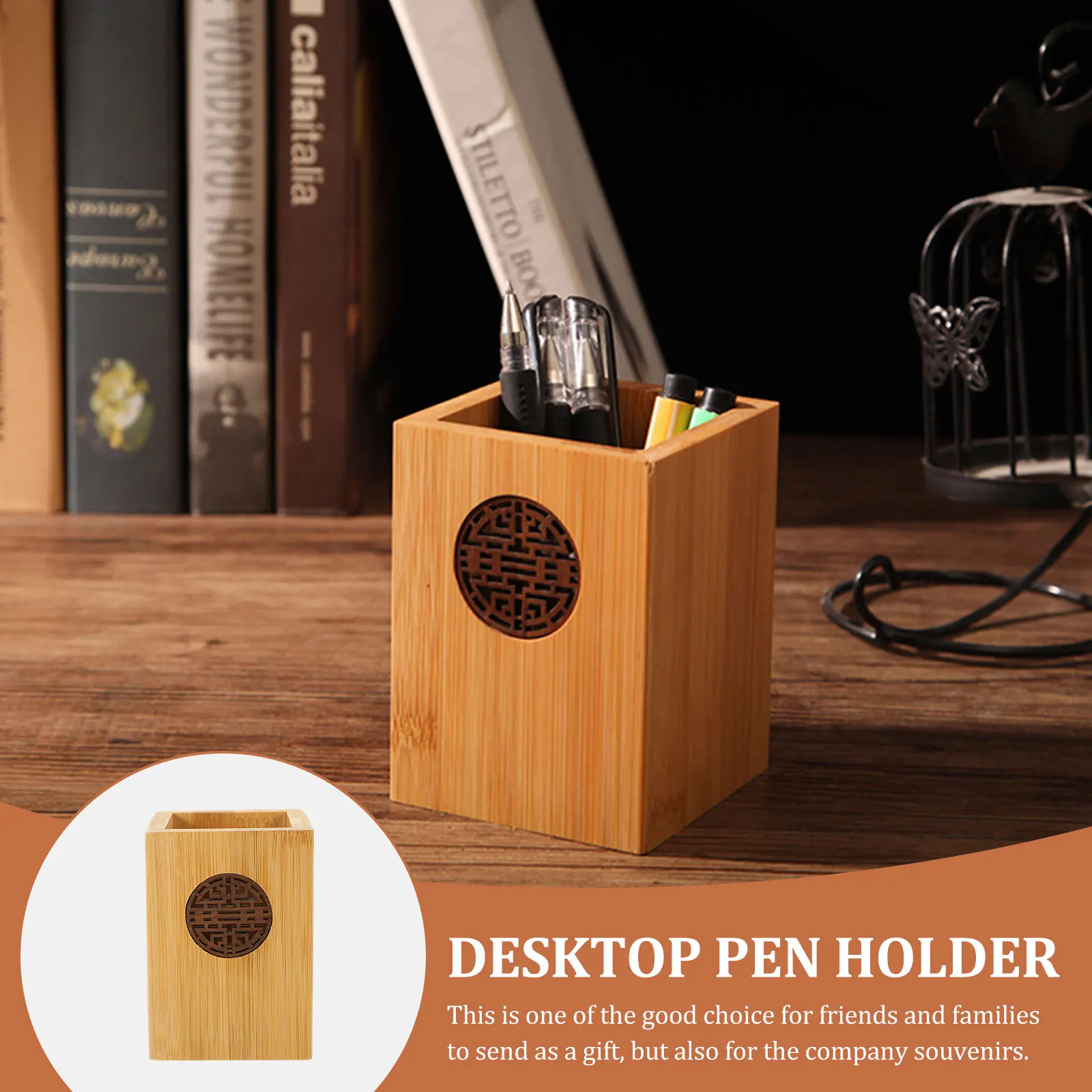 

Bamboo Pen Holder Large Space Stationery ganizer Portable Desk Storage Makeup Brush Container Creative Chinese Style
