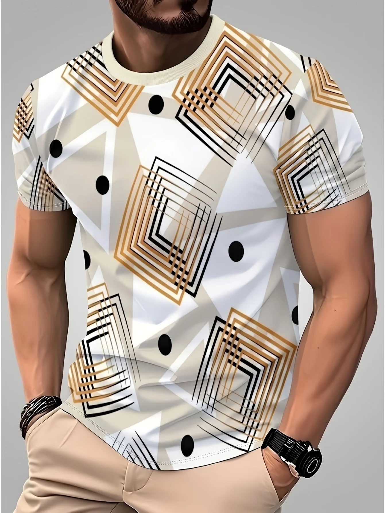 Men's T‑shirt with geometric grid and dot patterns, off‑gold T‑shirt with abstract print