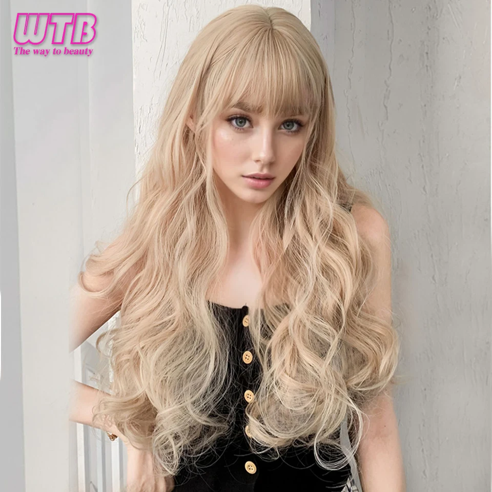 24inch Synthetic Wigs for Golden Women Lolita Cosplay Use Long Golden Wavy Wig with Bangs Heat Resistant Wigs Natural Looking