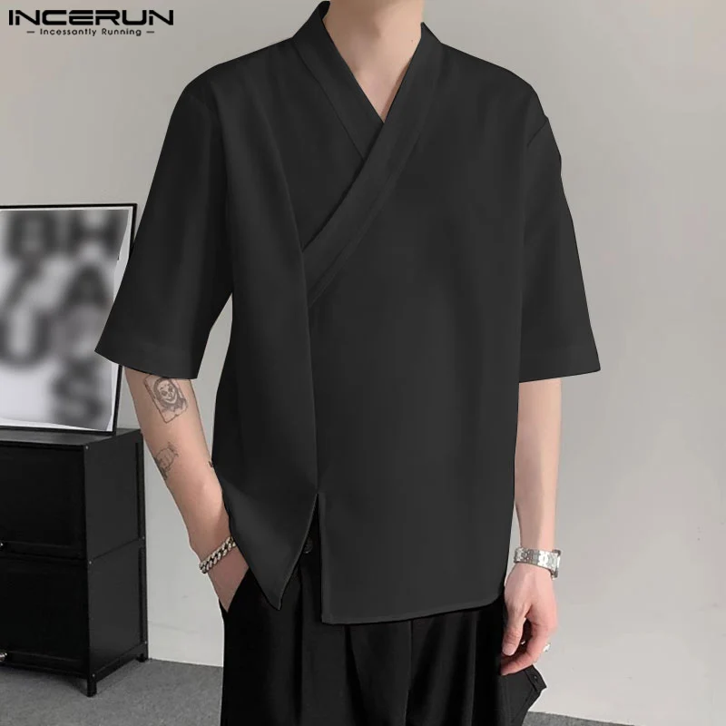 

INCERUN Tops 2024 Chinese Style Men's Cross Collar Design Solid Simple Shirts Casual Streetwear Male Short Sleeved Blouse S-5XL